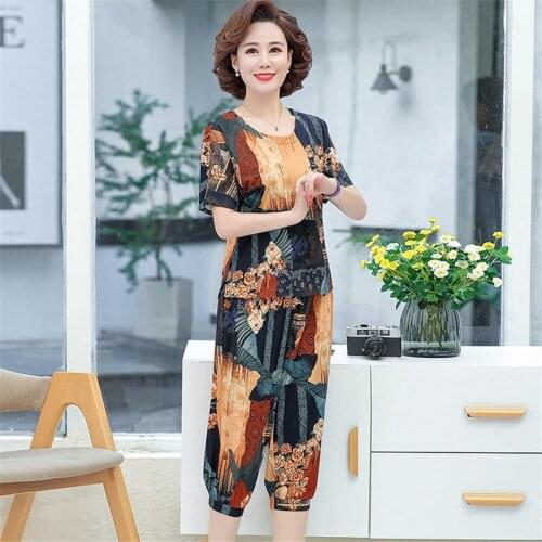 2021 Summer Sporting Two Piece Set Womens Printed Short Sleeve T-shirt & Pants Sets Middle-aged Large Size Loose Tracksuit Suits