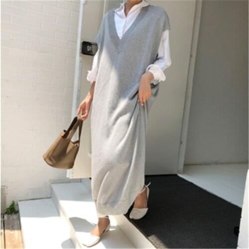 Faux Rabbit Fur Long Sweater Dress Women Loose Knitted Base V Neck Sleeveless Female Vest Spring Autumn New Clothes Outerwear