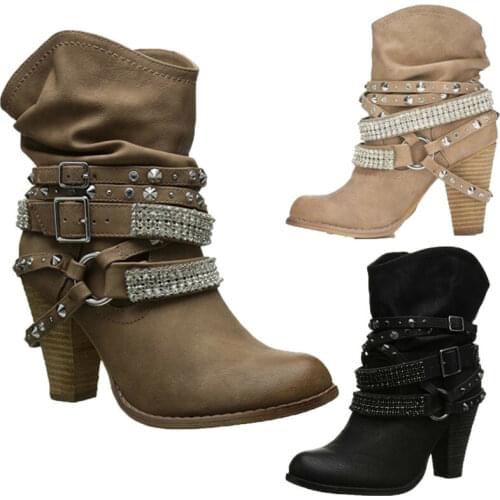 Winter Women Shoes Pu Leather Rivet Boots Outdoor Belt Buckle Sloush Ankle Boots Autumn Winter Fashion Casual Trend