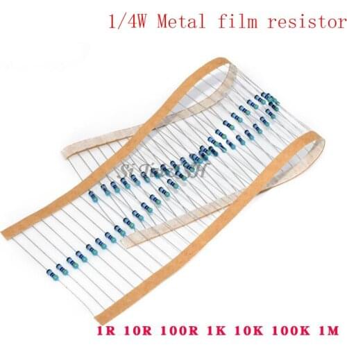 100pcs 1/4W Metal film resistor 1R ~ 1M 100R 220R 330R 1K 1.5K 2.2K 3.3K 4.7K 10K 22K 47K 100K 100 220 330 1K5 2K2 3K3 4K7 ohm