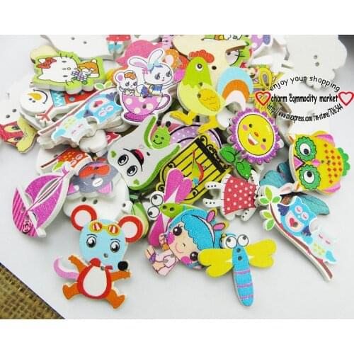 100pcs mixed boat birds 2 Holes patterns cartoons Wood Sewing Button Scrapbooking charms buttons WCF-389