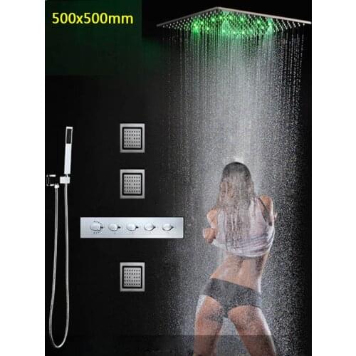 3pcs Mist Thermostatic Rainfall Shower Set LED Color Shower Mixer 20" Ceiling Showerhead With 4 Inch Massage Body Jetting Faucet