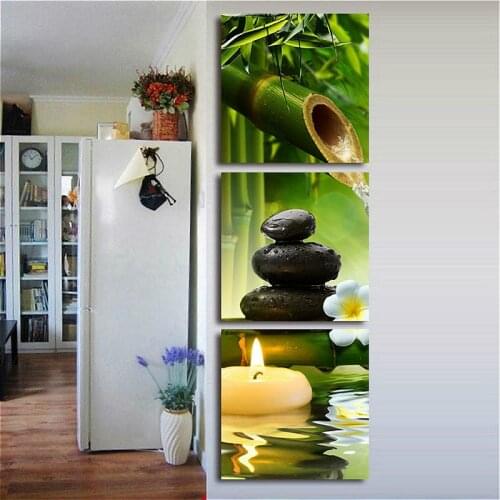 3 Panels Bamboo Green Pictures with SPA Zen Stone Candles Flower Print on Canvas Wall Art for Bathroom Living Room Home Decor