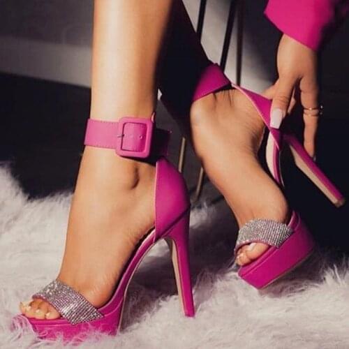 Stylish Fuchsia High Heel Sandals Buckle Strap Crystal Wedding Shoes Peep Toe Platform Cross Strap Banquet Shoes