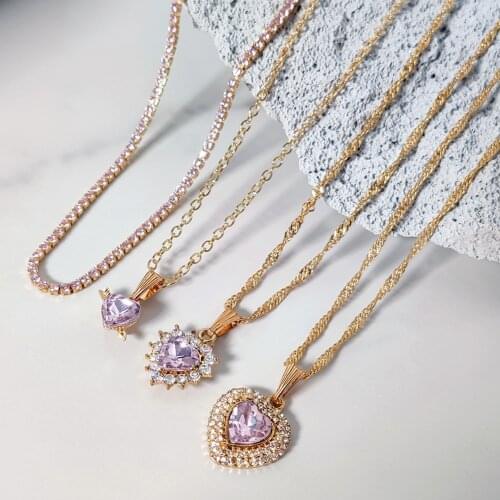 JUST FEEL Shiny Pink Heart Crystal Pendant Necklace For Women Multi-layer Luxury Rhinestone Tennis Chain Necklaces Trend Jewelry