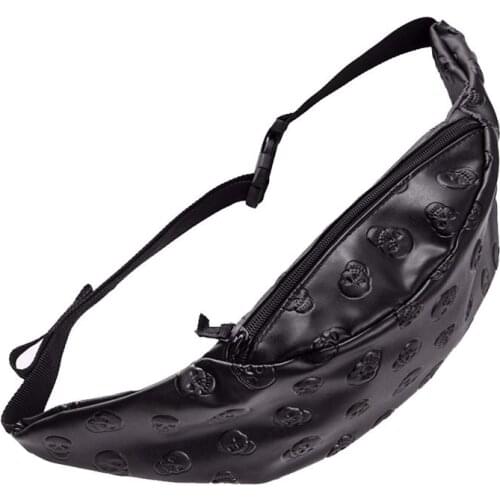 Skull black leather belt bag Unisex Fashion New who cares PU bag soft belt pouch waist bag(Black)