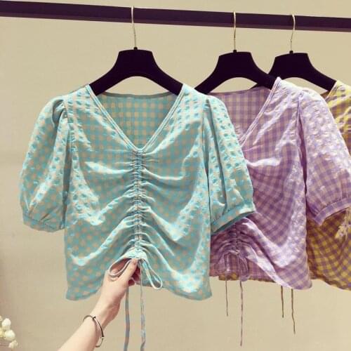 Kids Girls Summer Plaid T-shirts V-neck Plaid Tops Children Pleated Chiffon Blouses 2021 New Princess Cute Tops Purple For 4-13Y
