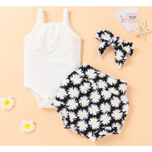 Newborn Baby Girl Clothes Set Camisole Romper + Shorts + Bow Headband Daisy Print Sweet Style Summer Clothing