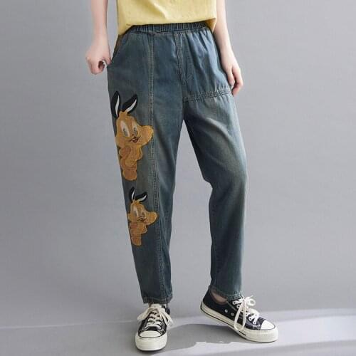 NYFS Women Korean Bunny Patch Kawaii Cartoon Jeans Female Vintage Elastic Waist Denim Trousers Girl Sweet Casual Straight