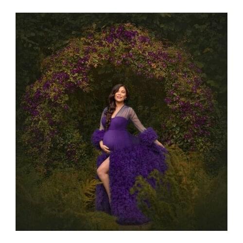 Elegant Tulle Maternity Robes Long Sleeves Ruffles Pleated With Waistband Long Women Plus Size Pregnancy Photo Shoot Gown