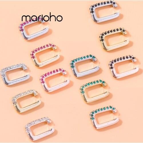 Punk Gold Color Alloy Square Shape Colour Rhinestones Opening Clip Earrings Women Hollow Geometric Earrings Fashion Jewelry