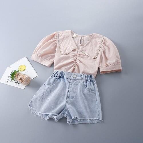 2-7 Years High Quality Summer Girl Clothing Set 2021 New Fashion Solid Shirt + Jeans Kid Children Girls Clothes