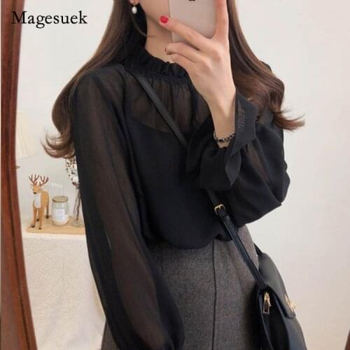 Solid Sweet Loose Long Sleeve Women Blouse Tops 2021 Spring New Korean Flare Sleeve Chiffon Shirt Blusas Mujer De Moda 7880 50