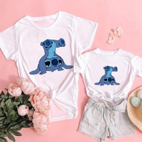 Fashion Lilo And Stitch Disney Mommy and Me Clothes Summer Fashion Tshirt Baby Girl Clothes Matching Family Girl Boys T Shirts
