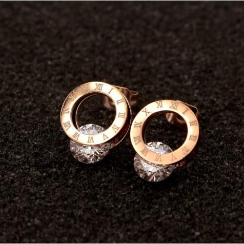 Trendy Shine Zirconia Rose Gold 316L Stainless Steel Stud Earrings Brincos For Women Fashion Jewelry Fade