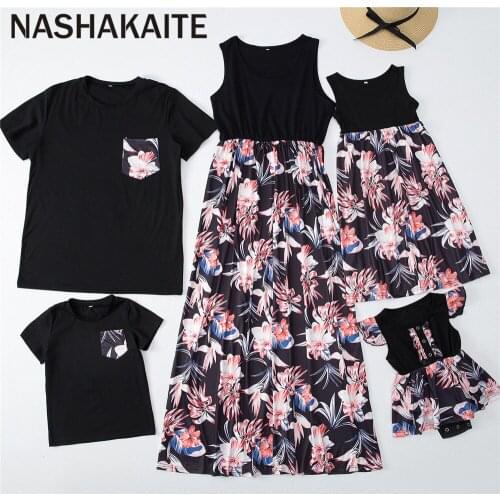 NASHAKAITE Family Matching Outfits Mom And Daughter Dress Patchwork Floral Long Dress For Mommy And Me Clothes Father Son Shirt