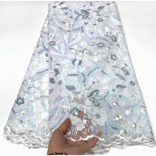 Nigerian Lace Fabric 2021 Latest High Quality White Chiffon Lace Fabric Embroidered Tulle African Sequins Lace For Party ND5014
