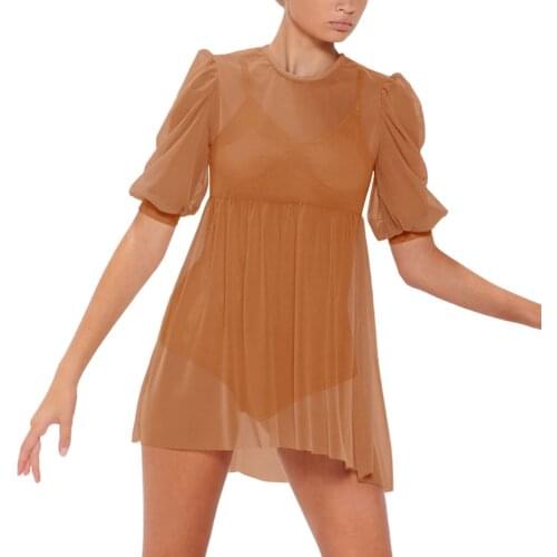MiDee Babydoll Mesh Dress Woman Sexy Boat Pullover Short Mini Skirt Puff Lantern Sleeves Girls Modern Lyrical Ballet Dance Wear