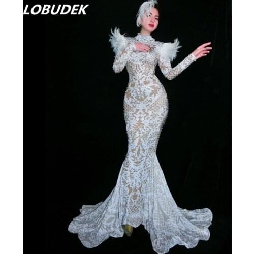 White Feathers Shining Rhinestones Trailing Dress Host Performance Long Dress Birthday Party Dresses Stage Models Catwalk Dress