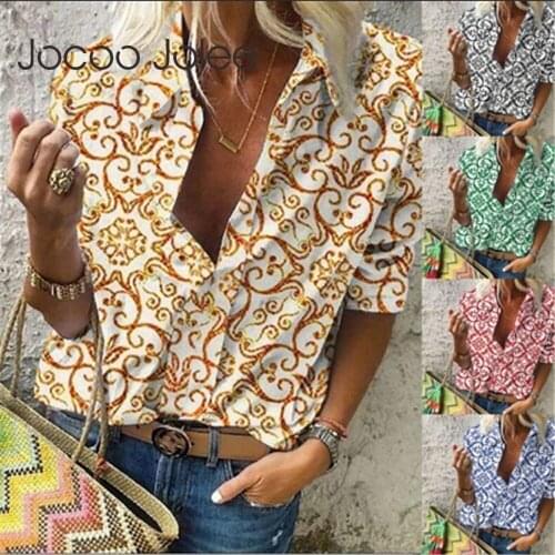 Jocoo Jolee Casual Long Sleeve Geometric Patterns Shirts Elegant Loose Chiffon Blouse Vintage Harajuku Overized Tops Chic