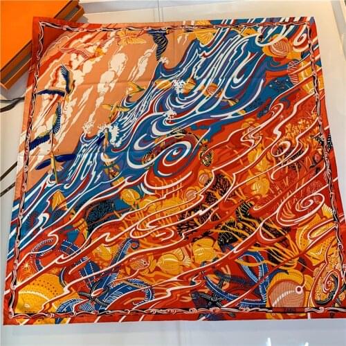 90cm Manual Hand Rolled Twill Silk Scarf Women Paisley Fish Square Curled Scarves Echarpes Foulard Femme Wrap Bandana Hijab