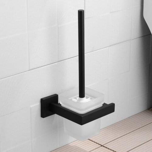 Lavatory Brusher Toilet Brush & Holder Set Black Stainless Steel Square Toilet Cleaner With Glass Cup Holder Bathroom Cleaner