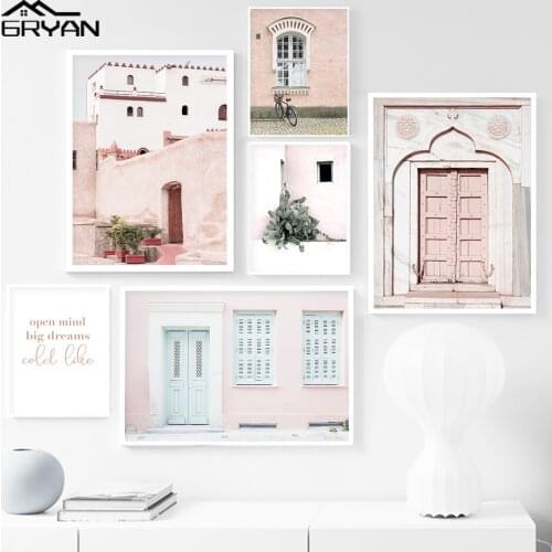 Nordic Europe Pink Architecture Wall Art Picture Cactus Botanical Print Painting On Canvas Romantic House Poster Home Decoration