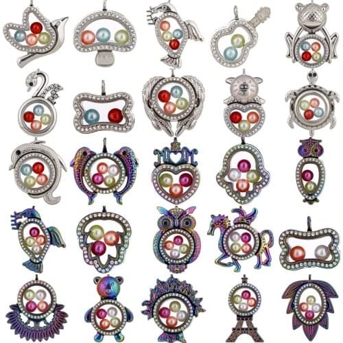 Mixed Animal Floating Living Memory Locket Pendant fit 8mm Beads Pearl Cage Photo Charms Pendant with Steel Chain Necklace or no