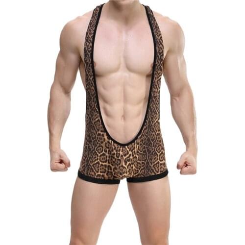 Sexy Mens Undershirt Overalls Leopard Sexy Tank Tops Breathable Men Bodysuit Undershirt Jumpsuit Shorts Tight Leotard Undershirt