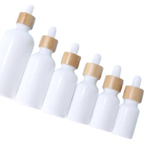 Shiny White Porcelain Glass Essential Oil Dropper Vials10ml 15ml 20ml 30mL 50ml 100ml Empty Refillable Bottles Bamboo Wood Lid