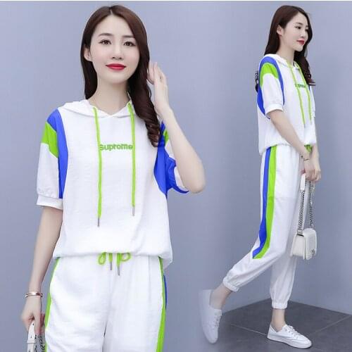 Hooded Sweater 2 Piece Set Short Sleeved Splicing Suits Plus Size Summer Cotton Linen Womens Clothing