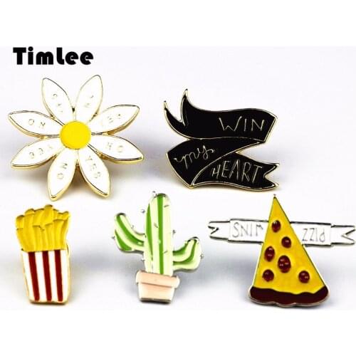 Timlee X233 Fashion Cartoon Cactus Pizza French Fries Flower Metal Brooch Pins Button Pins Jeans Bag Decoration Gift Wholesale