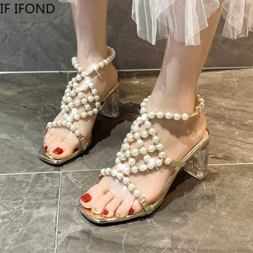 IF IFOND Fashion String Bead Woman Pumps Transparent PVC High Heels Sandals Women Summer Ankle Strap Party Prom Ladies Shoes