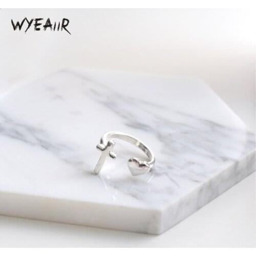 WYEAIIR Sweet Korean Literature Cute Cross Heart Simple Versa 925 Sterling Silver Female Resizable Opening Rings