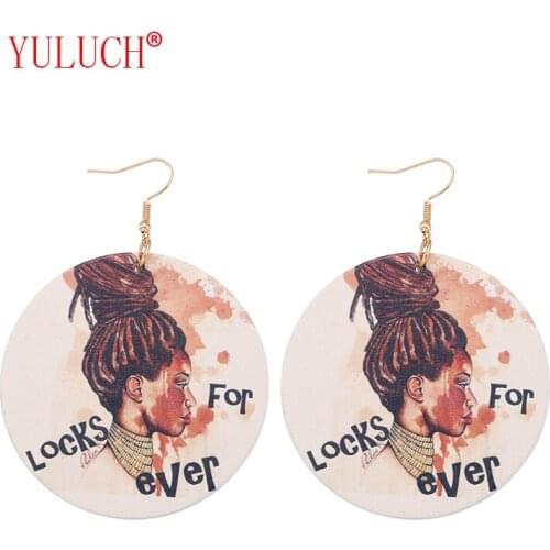 YULUCH 2018 Fashion Painted Ethnic Woman Locks for Ever Wooden Round Pendant for Natural Personality Retro Earrings Jewelry Gift
