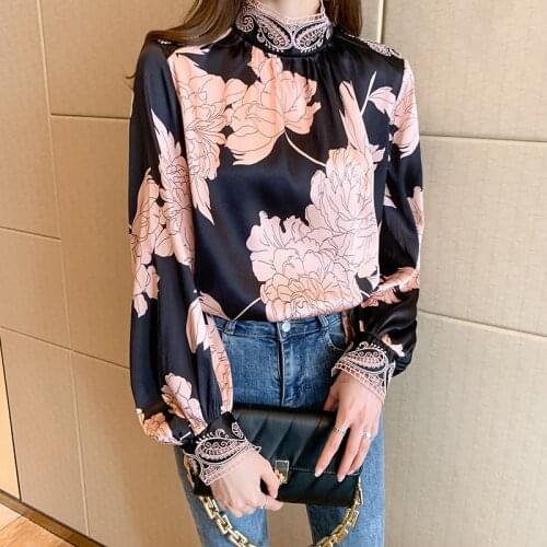 New Women Hook Flower Hollow Stand Collar Shirts 2021 Spring New Printed Top Shirt Vintage Long Sleeve Casual Blouse