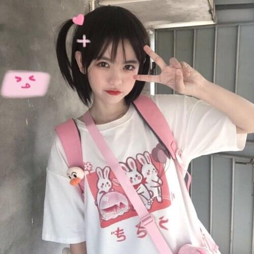 Ulzzang Rabbit Cute Cartoon Sweet Girls Japan Streetwear Harajuku Summer Pink Y2K Kawaii Casual Tops Vintage Loose Women T-shirt