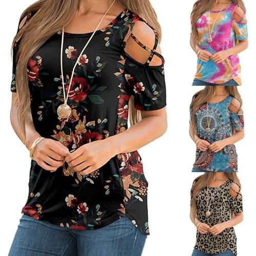 Womens Summer Printing Short Sleeve Strappy Cold Shoulder Tee Shirt Crop Tops Fashion Off Shoulder Ladies Beach Party Blouses