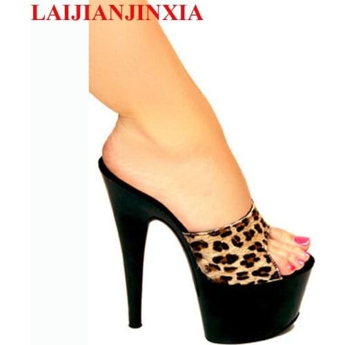 LAIJIANJINXIA 7 Inch High Heel Slippers NEW Women Dress Sexy Shoes 17cm Crystal Shoes Exotic Thin Heels Womens Shoes G-089