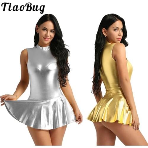 TiaoBug Women Shiny Metallic Faux Leather Sleeveless Zippered Bodysuits A-line Mini Dress Nightclub Party Stage Rave Sexy Dress