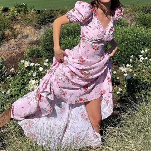 Ladies Fashion French Style Long Dress Summer Flower Print Ruched V-Neck Short Puff Sleeve High Waist A-Line Elegant Dress