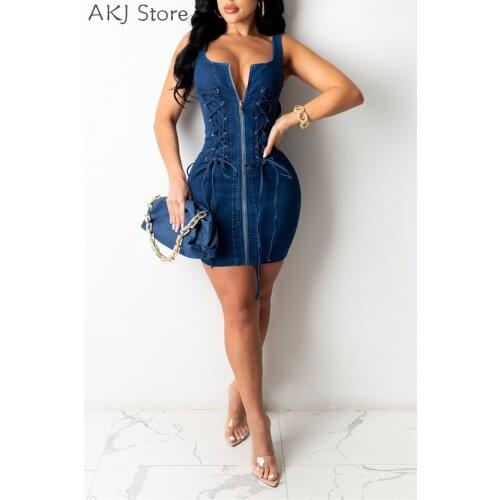 Women Sleeveless Jeans Dress Criss-Cross Bandage Zipper Design Denim Bodycon Dress
