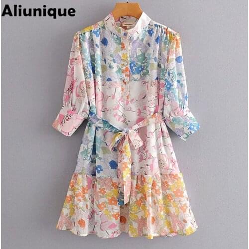 Aliunique New Chiffon Printing Dress for Women 2021 Summer Fashion High Quality Lacing Floral Dress Loose Elegant High Waist