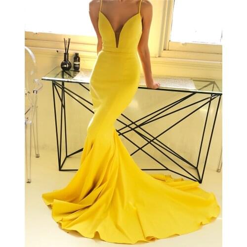 Sexy Yellow Mermaid Prom Dresses 2019 Plus Size Cheap Simple Satin vestidos de fiesta de noche Formal Evening Party Gowns