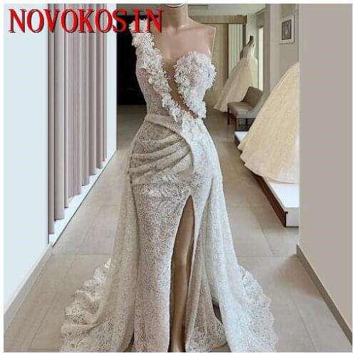 2020 Samlpe Ivory Lace Mermaid Arabic Moroccan High Spit Evening Dresses One Shoulder Women Dubai Caftans Formal Party Gowns