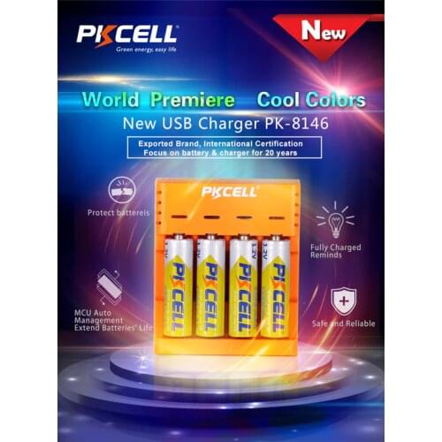PKCELL 1.2V AA AAA Rechargeable Battery Charger for NIMH NICD 4 slot USB interface Blue Black Orange three colors Power Bank