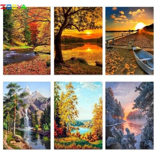 Diamond Painting Cross-Stitch 5D DIY Diamond Embroidery Landscape Tree River Pictures Of Rhinestones Paintings By Numbers R540