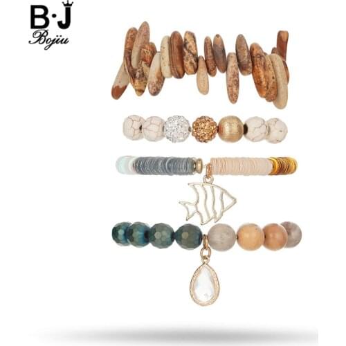 BOJIU 4 Pcs/Set Bohemian Bracelet Set Fashion Natural Stone Bracelet Sets For Women Hot Sale Round Charm Beaded Bracelet BCSET87