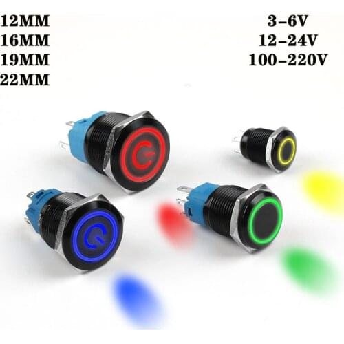 Black push button switch 12/16/19/22mm waterproof lighting led light glossy metal momentary switch with power mark 5v 12v 24v