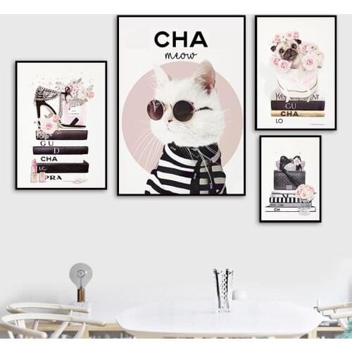 Flower Perfume Bottle Fashion Canvas Poster Book Cat Heels Bag Wall Art Canvas Painting for Woman Bedroom Decor Frameless